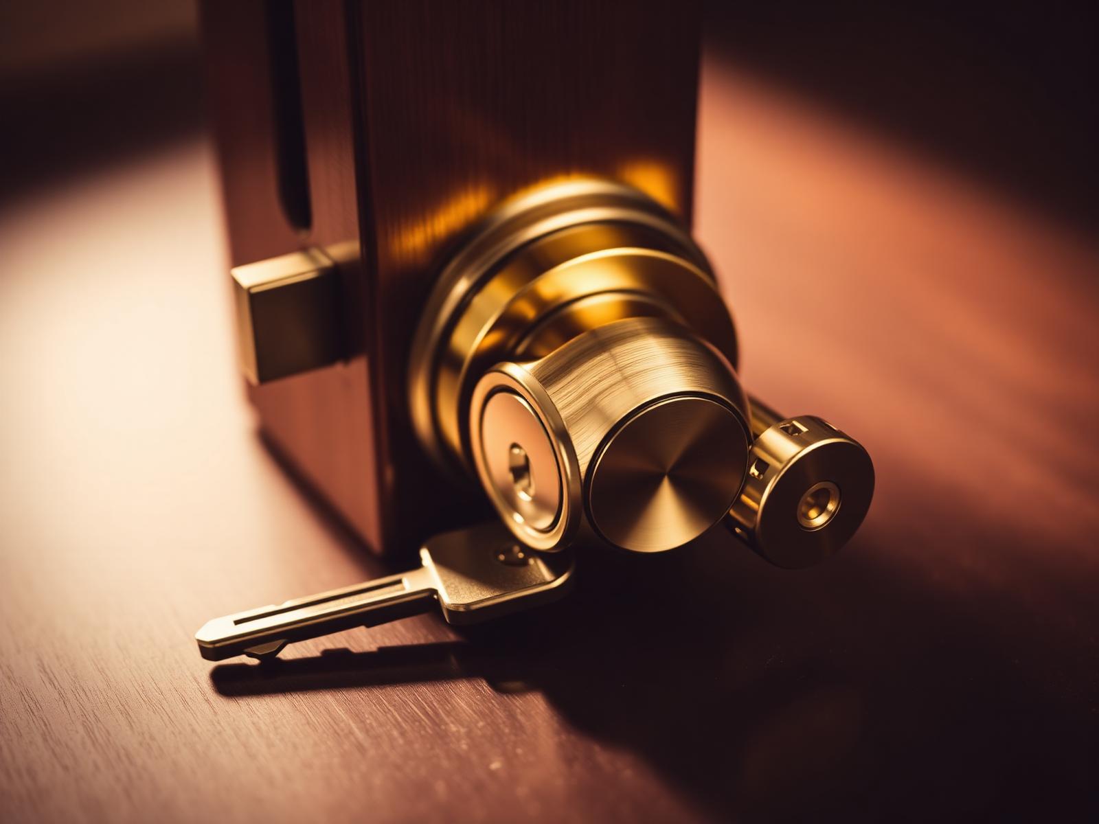 Brass door lock with a key resting beside it